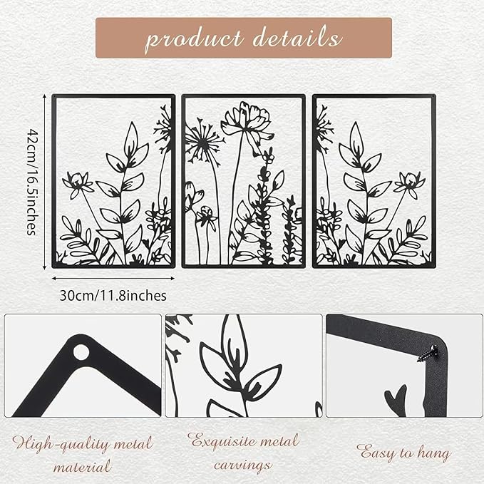 GSANMU Metal Boho Flower Wall Decor - 3 Pcs Minimalist black Farmhouse Hanging Wall Art Iron line decor for Bathroom,Living Room and Bedroom 16.5×11.8 inch