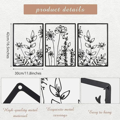 GSANMU Metal Boho Flower Wall Decor - 3 Pcs Minimalist black Farmhouse Hanging Wall Art Iron line decor for Bathroom,Living Room and Bedroom 16.5×11.8 inch