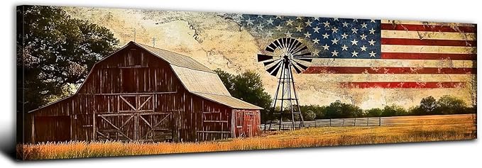 Farmhouse Barn Wall Art Vintage Western Wall Decor Country Windmill Pictures for Kitchen Living Room, Old Barn Landscape Canvas Painting America Flag Poster Prints Artwork Cabin Decoration 14x48”