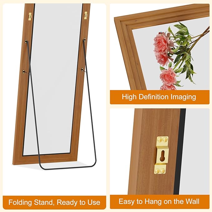 ZHUNFA Full Length Mirror,71x32 Inch Full Length Mirror Wall Mounted,Vertical Hanging,Leaning Standing for Bedroom,Living Room,Rectangular Wooden Frame,Walnut Color.