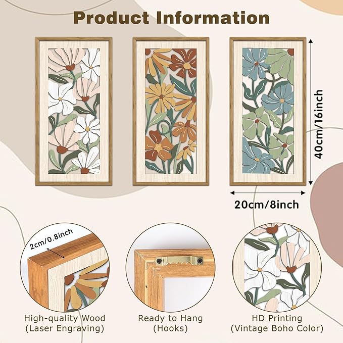 KAIRNE Vintage Colorful Floral Wooden Wall Art Set of 3,Abstract Boho Wood Decoration,Mid Century Modern Flower Wall Decor,Minimalist Wildflower Artwork for Living Room Bedroom Office,8X16 inch