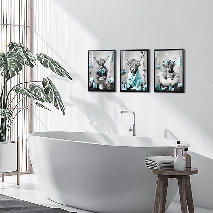 sechars Highland Cow Bathroom Wall Art 3 Piece Funny Bathroom Pictures Canvas Print Grey and Teal Decor (Teal)