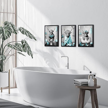 sechars Highland Cow Bathroom Wall Art 3 Piece Funny Bathroom Pictures Canvas Print Grey and Teal Decor (Teal)