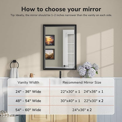 USHOWER Black Bathroom Mirrors for Over Sink 22x30 Inch, Metal Framed Rectangle Vanity Mirror for Wall, Bedroom, Living Room, Entryway, Farmhouse, Anti-Rust, HD Tempered Glass, Horizontal/Vertical