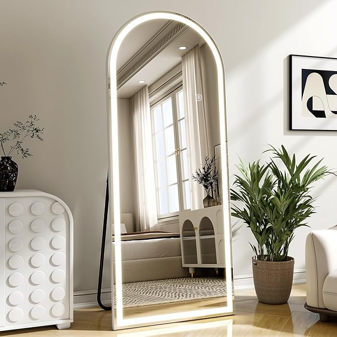LED Arched Full Length Mirror with Lights 65"x26" - Lighted Floor Mirror with Dimming & 3 Color Lighting, Aluminum Frame Standing Leaning or Hanging for Bedroom Cloakroom White