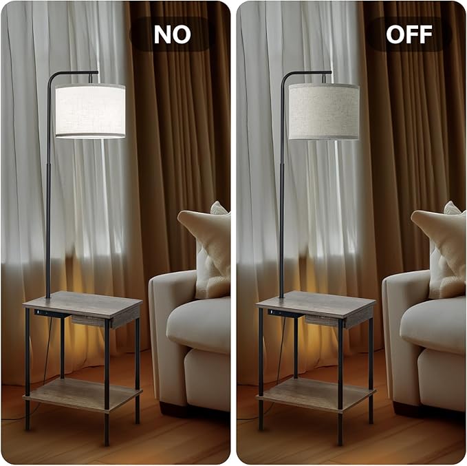 EOEYYOYB Floor Lamp with Table & Drawers, End Table Lamp with USB Charging Portt Power Outlet and Shelves, Side Table Reading Light with 3 Color Temperature Led Bulb Included for Living Room, Gray