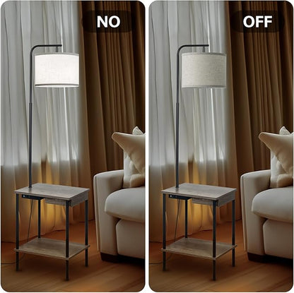 EOEYYOYB Floor Lamp with Table & Drawers, End Table Lamp with USB Charging Portt Power Outlet and Shelves, Side Table Reading Light with 3 Color Temperature Led Bulb Included for Living Room, Gray