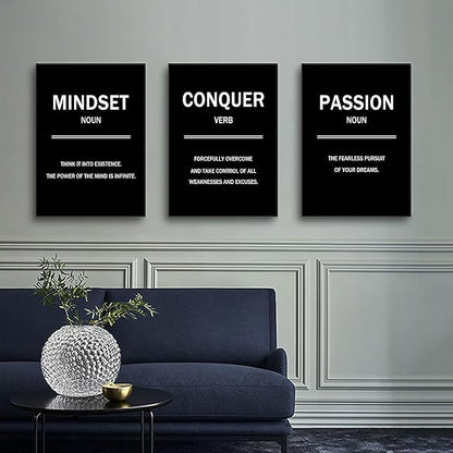 Motivational Wall Art 3 Pieces Success Signs Inspirational Quotes Picture Painting Mindset Conquer Passion Posters Print for Home Living Room Office Artwork Stretched and Framed [60''W x 28''H]