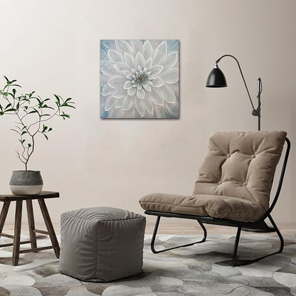 Waowumar Flowers Canvas Wall Art Blue and Gray Dahlia Pictures Contemporary Floral Textured Painting for Bedroom Living Room Decor