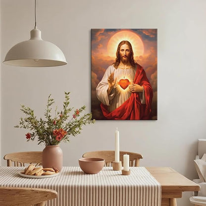Sacred Heart of Jesus Canvas Wall Art Divine Mercy Painting Picture Wall Decor Religious Christ Jesus Portrait Poster Prints Artwork for Dining Living prayer Room Bedroom Home Decor 12x16in canvas