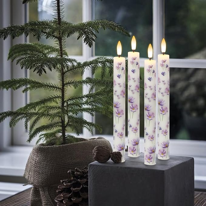 Flickering Flameless Taper Candles with Remote and Timer, 4 Pack Real Wax Battery Operated LED Taper Candles 3D Wick Purple Flower Decal Dinner Wedding Spring Home Decor(0.75" D x 9.65" H)