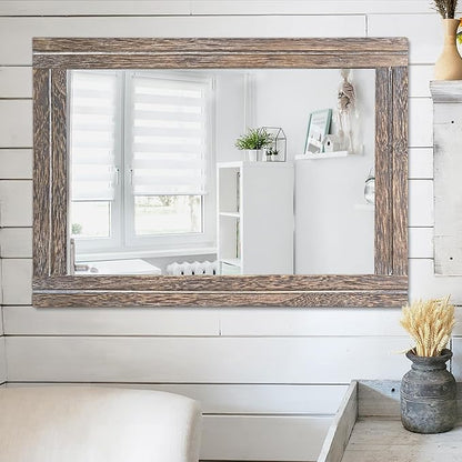 AAZZKANG Mirror with Wood Framed Rectangle Rustic Wall Mirrors Decor Large 26"x18" for Bedroom Bathroom Living Room Entryway