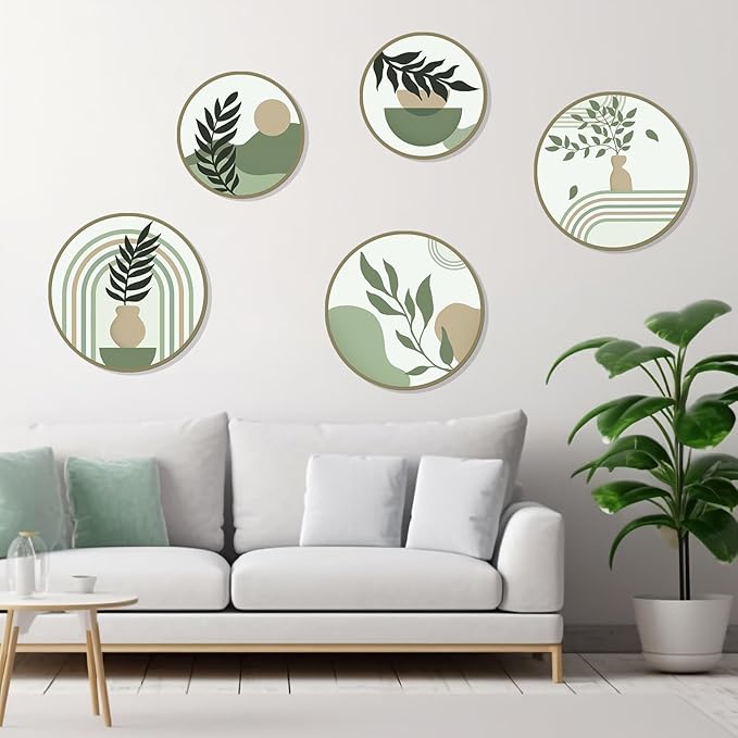 Zzbakress 5 Pcs Boho Wall Decor Farmhouse Wooden Round Bathroom Decor Vintage Bohemian Wall Hanging Decor for Living Room Modern Geometric Wall Decoration Aesthetic Minimalist Wooden Wall Art for Bedroom Apartment Office (Greenery, 5)