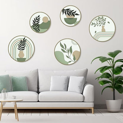Zzbakress 5 Pcs Boho Wall Decor Farmhouse Wooden Round Bathroom Decor Vintage Bohemian Wall Hanging Decor for Living Room Modern Geometric Wall Decoration Aesthetic Minimalist Wooden Wall Art for Bedroom Apartment Office (Greenery, 5)