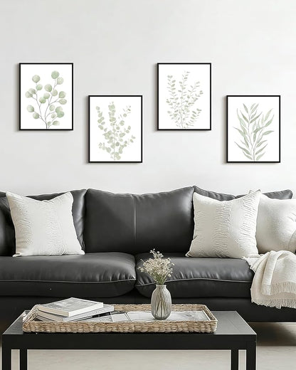 Drsoum Botanical Plant Framed Wall Art Boho Wall Decor for Bathroom Sage Green Eucalyptus Leaf Prints Minimalist Aesthetic Ready to Hang Set of 4, 11x14 in (Black Framed)
