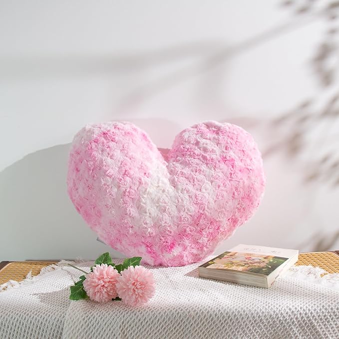 16" Tie-Dye Pink Heart Pillow, Luxury 600GSM Rose Textured Faux Rabbit Fur, Dreamy Marble Pink Aesthetic Throw Pillow for Bedroom, Strawberry Cream Soft Heart Cushion