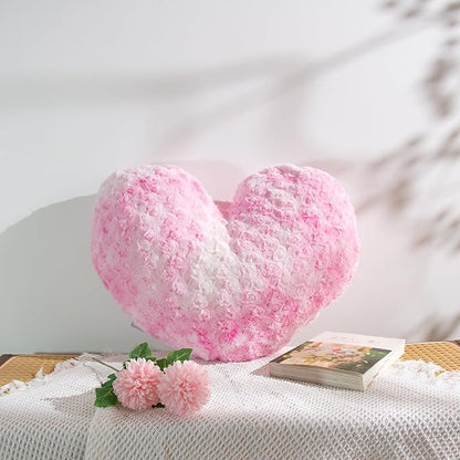 16" Tie-Dye Pink Heart Pillow, Luxury 600GSM Rose Textured Faux Rabbit Fur, Dreamy Marble Pink Aesthetic Throw Pillow for Bedroom, Strawberry Cream Soft Heart Cushion