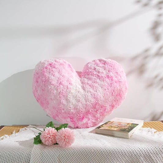 16" Tie-Dye Pink Heart Pillow, Luxury 600GSM Rose Textured Faux Rabbit Fur, Dreamy Marble Pink Aesthetic Throw Pillow for Bedroom, Strawberry Cream Soft Heart Cushion