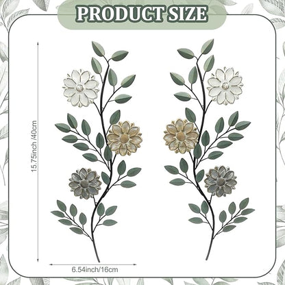 MorningRo 2 Pcs Metal Flower Leaves Wall Art Spring Wall Decor Living Room, 15.75 Inch Vintage Rustic Branch Leaf Wrought Iron Scroll Art Decor for Spring Bedroom Indoor Outdoor Decorations(Green)