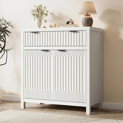 Fatmok Fluted Buffet Cabinet with Storage Set of 3, 34" Tall Modern Arched Sideboard Cabinet w/AdjustableShelves,Wooden Modular Coffee Bar for Kitchen, Living Room, Entryway, White
