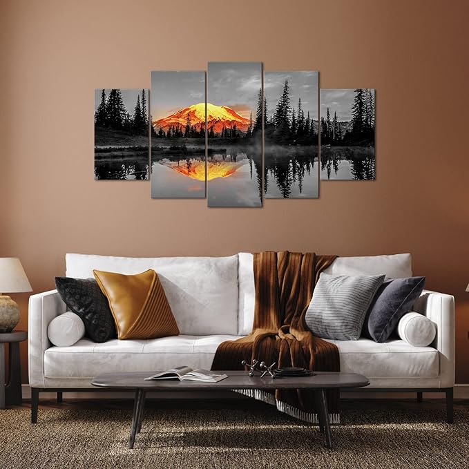 LevvArts 5 Piece Nature Canvas Wall Art Sunrise on Mount Rainier Landscape Picture Prints on Canvas Tipsoo Lake Artwork USA Scenery Poster Stretched and Framed Home Decor Ready to Hang (Large)