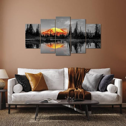 LevvArts 5 Piece Nature Canvas Wall Art Sunrise on Mount Rainier Landscape Picture Prints on Canvas Tipsoo Lake Artwork USA Scenery Poster Stretched and Framed Home Decor Ready to Hang (Large)