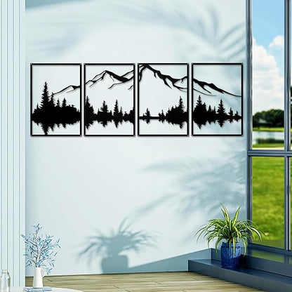 YIYA 4 Pcs Mountain Metal Wall Art - Large Forest Decorative Black Metal Wall Decor - Vertical Wall Sculptures for Home, Living Room, Bedroom (landscape-2)