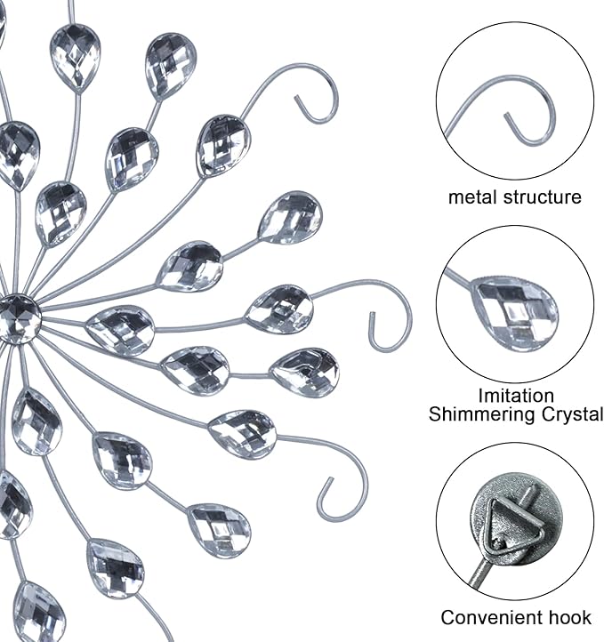 hogardeck Metal Flower Wall Decor, 11" Silver Metal Jeweled Wall Art Bling Crystal Home Décor, Sun Star Burst Rhinestone Wall Hanging Diamond Accents for for Indoor, Outdoor, Living Room, Bedroom