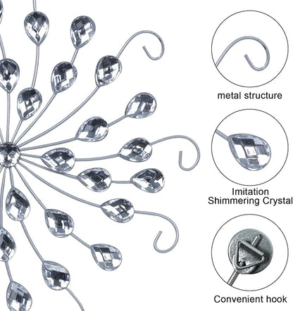 hogardeck Metal Flower Wall Decor, 11" Silver Metal Jeweled Wall Art Bling Crystal Home Décor, Sun Star Burst Rhinestone Wall Hanging Diamond Accents for for Indoor, Outdoor, Living Room, Bedroom