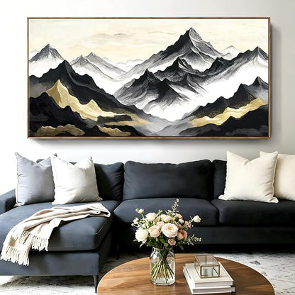 Extra Large Framed Natural Abstract Living Room Wall Art, Black White And Gold Mountain Canvas Wall Decor, Modern And Elegant Landscape Print Picture For Dining Rooms, Bedrooms, Lounges, Offices, And Hallways. 58X29 Inches.