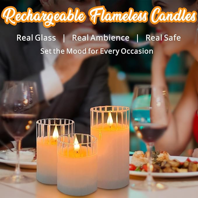 LEDHOLYT Rechargeable Flameless Glass Pillar Candles – Remote & Timer – Set of 3 White Stripes Realistic Flickering LED Light, Ideal for Living Room, Bedroom & Holiday Décor& Gifts for Women