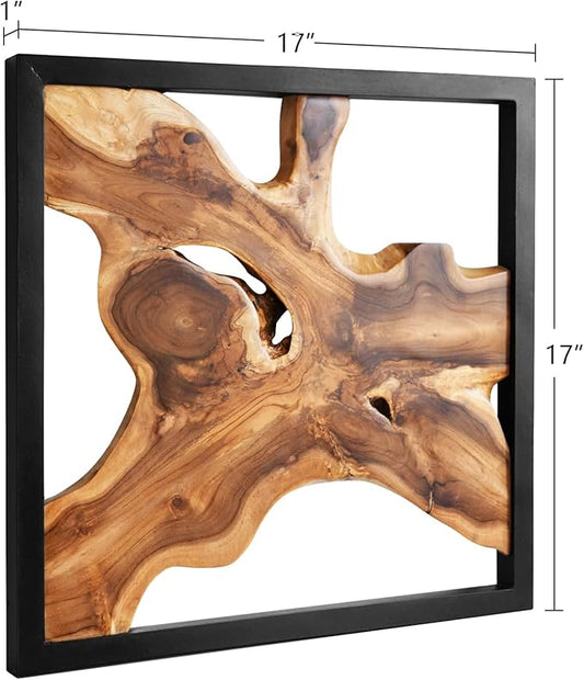 JOLLYMER Live Edge Teak Wood Wall Decor, Rustic Wooden Wall Art, Handcrafted Home Decoration for Living Room Bedroom Office, 17"x17" Black Frame