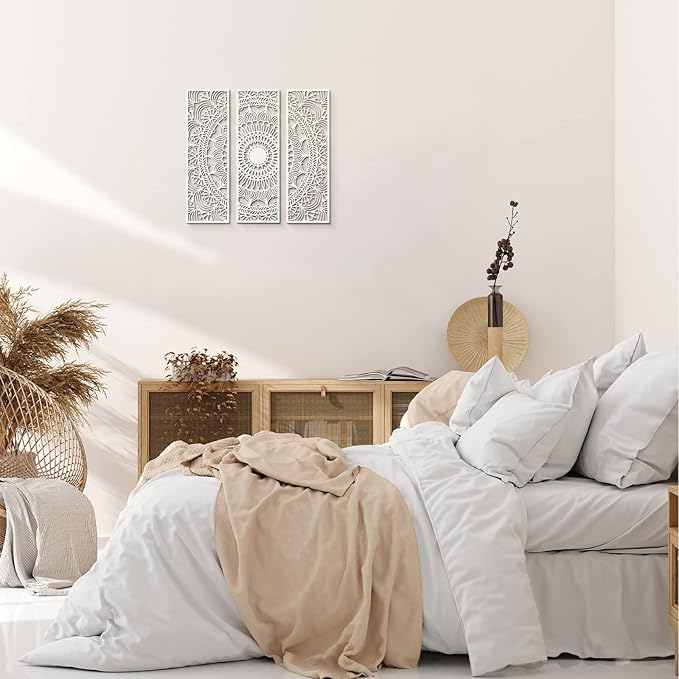 Blulu 3pcs Mandala Wall Art Carved Wood Wall Art Floral Aesthetic Wooden Plaque Set Wood Carving Decor Farmhouse Modern Cutout Plaque for Home Bathroom Decoration(15.8 x 5.1 Inch,White)