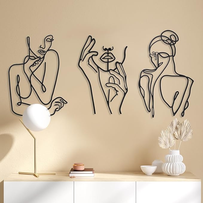 Photect 3 Pcs Metal Wall Art Decor Minimalist Abstract Woman Wall Art Metal Modern Line Drawing Decor Female Single Line Home Hanging for Bedroom Bathroom Living Room Housewarming(Cute,Black)