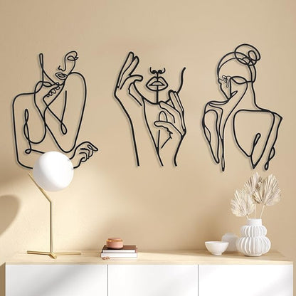 Photect 3 Pcs Metal Wall Art Decor Minimalist Abstract Woman Wall Art Metal Modern Line Drawing Decor Female Single Line Home Hanging for Bedroom Bathroom Living Room Housewarming(Cute,Black)