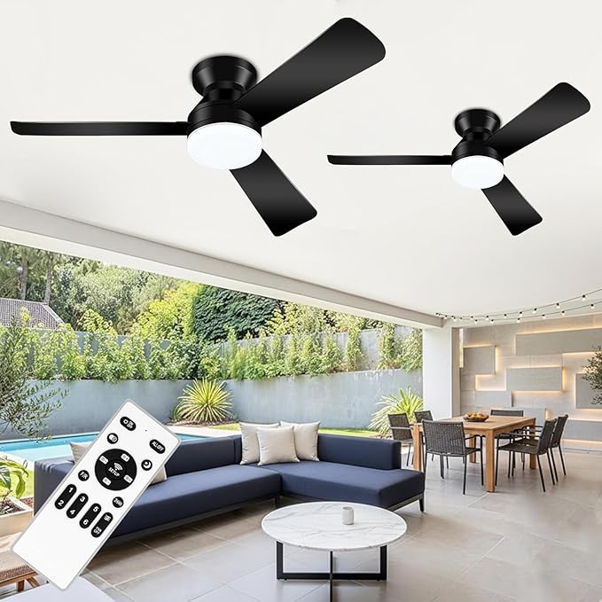 2 Pack 42" Black Ceiling Fans with Lights and Remote, Low Profile Ceiling Fan with Light, Reversible DC Motors, 3CCT Dimmable Timer Noiseless, Flush Mount Ceiling Fan for Bedroom/Living Room