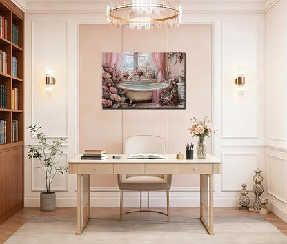 Frimeeme Vintage Pink Roses Bathtub Canvas Wall Art, Luxury Floral Bathroom Decor, for Bathroom Farmhouse Laundry Room Powder Room,16x24 Inches, Framed