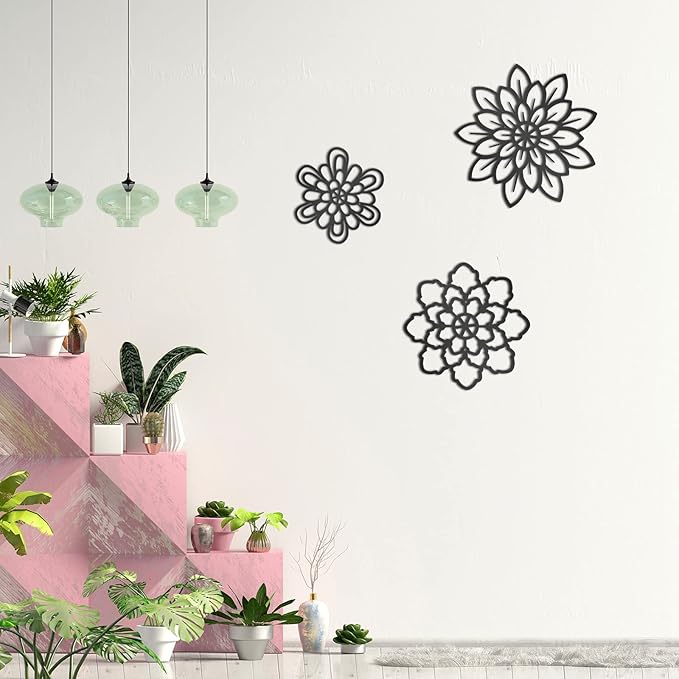 Moxweyeni 3 Pieces Metal Flowers Wall Decoration, Metal Rustic Wall Art Farmhouse Multiple Floral Hanging Decoration for Bathroom Living Room Kitchen Garden Office(Black)