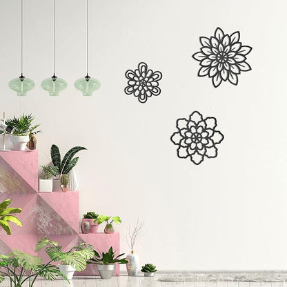 Moxweyeni 3 Pieces Metal Flowers Wall Decoration, Metal Rustic Wall Art Farmhouse Multiple Floral Hanging Decoration for Bathroom Living Room Kitchen Garden Office(Black)