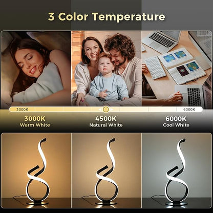 Modern Touch Lamp for Nightstand, Spiral LED Table Lamp, Dimmable 3 Color Temperature Night Stand Desk Lamp, Unique Bedside Light for Living Room, Bedroom, Cool Lamps for Ideal Gift, Black