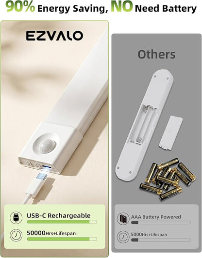 EZVALO 7.8" Rechargeable Motion Sensor Light Indoor, 6-Pack Under Cabinet Lighting, Wireless Closet Lights, 30 LED, Dimmable, 3 Color Temperatures, Step Lights for Kitchen, Pantry, Bedroom, Wardrobe