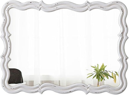 Rustic Scalloped Wall Mirror Decorative 24 X 18 Inch, Hanging Distressed White Wavy Wooden Frame Farmhouse Rectangular Mirrors for Wall Decor Living Room Bathroom, Horizontal or Vertical
