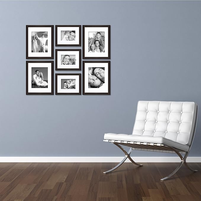 Craig Frames 7-Piece Wall Frame Set – Dark Brown 1-Inch MDF Moulding, Wood Grain Finish, Includes White Display Mats and Hanging Hardware – Photo Collage Gallery Display