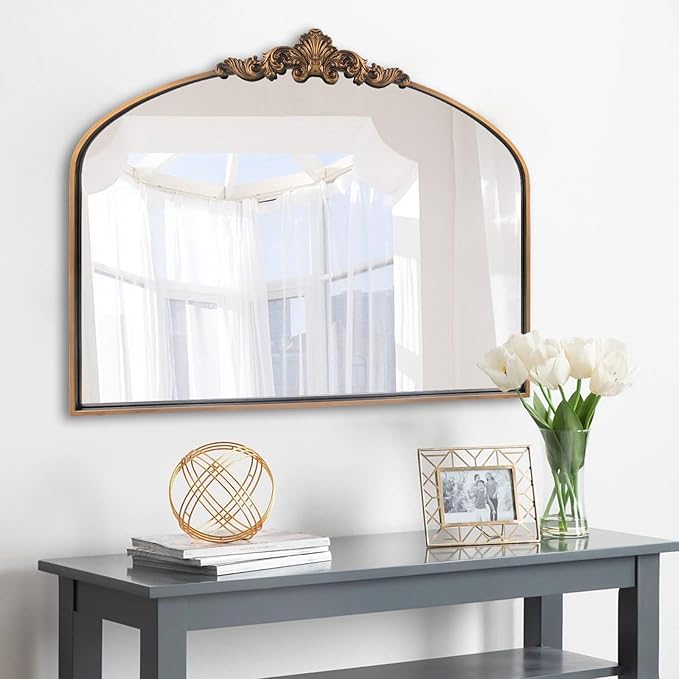 OUSHUAI Gold Antique Arched Mirror, Victorian Bronze with Full Matel Frame, Wall Arch Mirror for Entryway/Bathroom/Fireplace 36"X30"