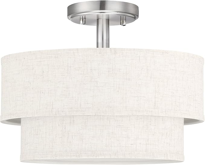 12 Inch LED 18W Adjustable 3000/4000/5000 Brushed Nickel Double Drum Linen Fabric Shade Semi Flush Mount Close to Ceiling Light Fixture for Bedroom,Living Room,Dining Room Hallway