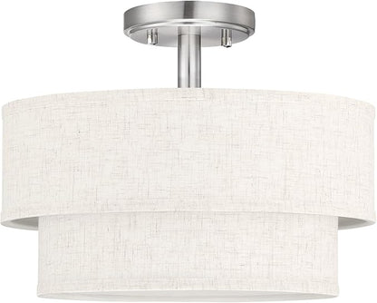 12 Inch LED 18W Adjustable 3000/4000/5000 Brushed Nickel Double Drum Linen Fabric Shade Semi Flush Mount Close to Ceiling Light Fixture for Bedroom,Living Room,Dining Room Hallway