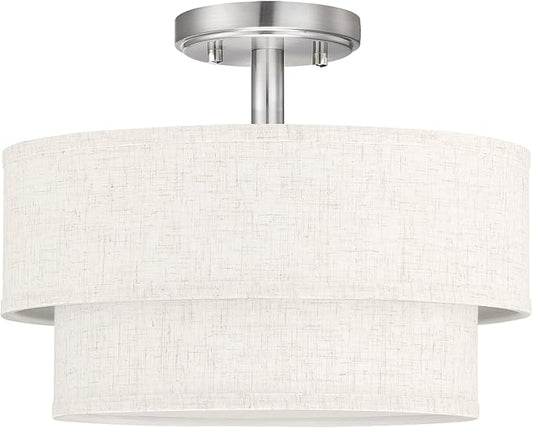 12 Inch LED 18W Adjustable 3000/4000/5000 Brushed Nickel Double Drum Linen Fabric Shade Semi Flush Mount Close to Ceiling Light Fixture for Bedroom,Living Room,Dining Room Hallway