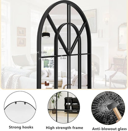 Dewfig Arch Wall Mirror Mounted Decorative, 30"x20", Arched Window Pane Mirror for Wall-Mounted for Entryway, Bathroom Vanity, Living Room or Bedroom, Iron Frame, Black