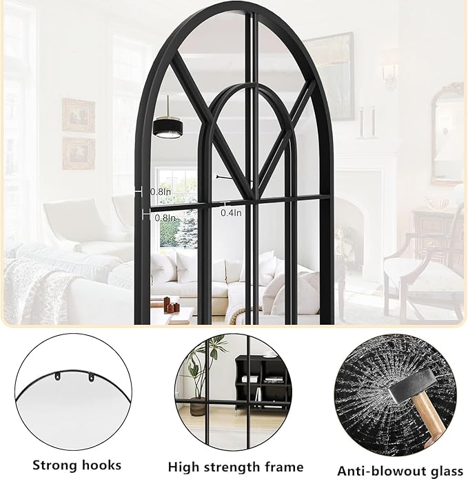 Dewfig Arch Wall Mirror Mounted Decorative, 24"x42", Arched Window Pane Mirror for Wall-Mounted for Entryway, Bathroom Vanity, Living Room or Bedroom, Iron Frame, Black