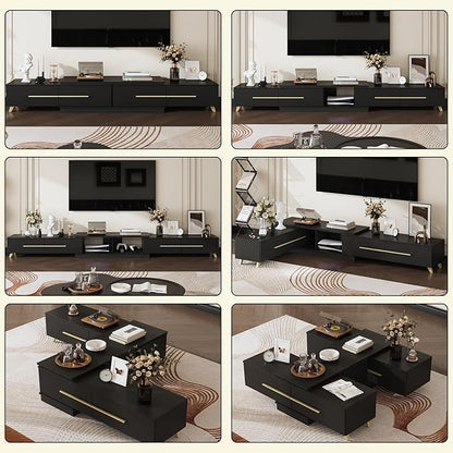 Modern TV Console Extendable Media Console, Adjustable Length, Contemporary Entertainment Center with Drawers and Legs, for Living Room Black and Gold (95”-133.9”W x 15.2”D x 13.1”H)